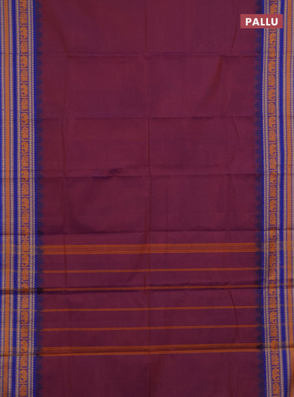 Chettinad cotton saree dual shade of purple and blue with plain body and thread woven border