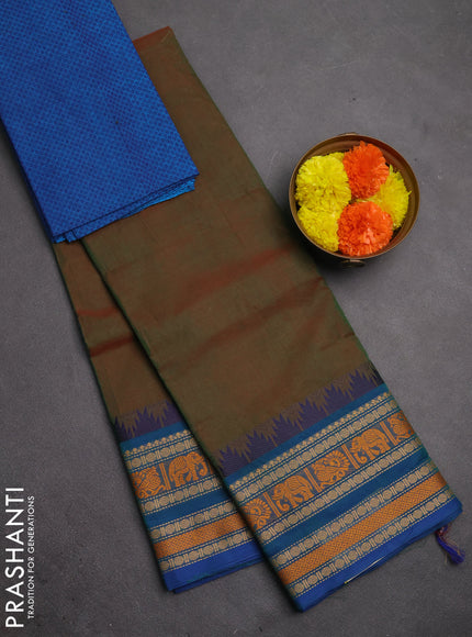 Chettinad cotton saree dual shade of green and blue with plain body and thread woven border