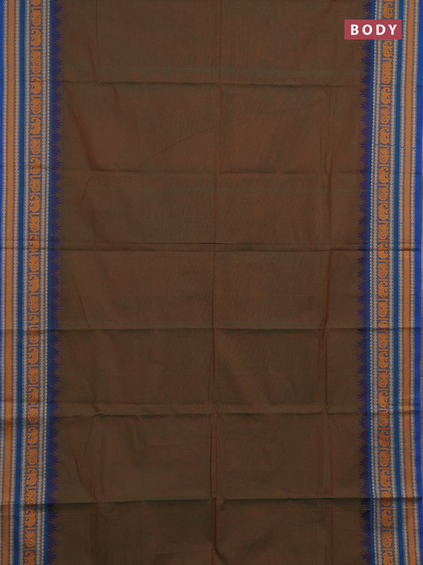 Chettinad cotton saree dual shade of green and blue with plain body and thread woven border