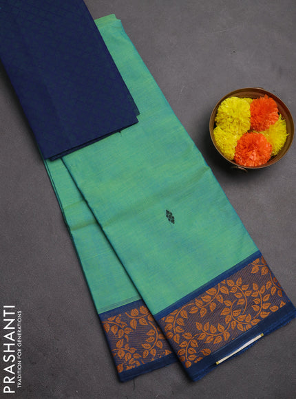 Chettinad cotton saree dual shade of teal bluish green and cs blue with thread woven buttas and thread woven border