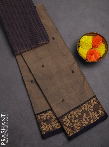 Chettinad cotton saree chikku shade and navy blue with thread woven buttas and thread woven border