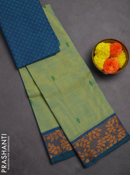Chettinad cotton saree pista green and teal green with thread woven buttas and thread woven border