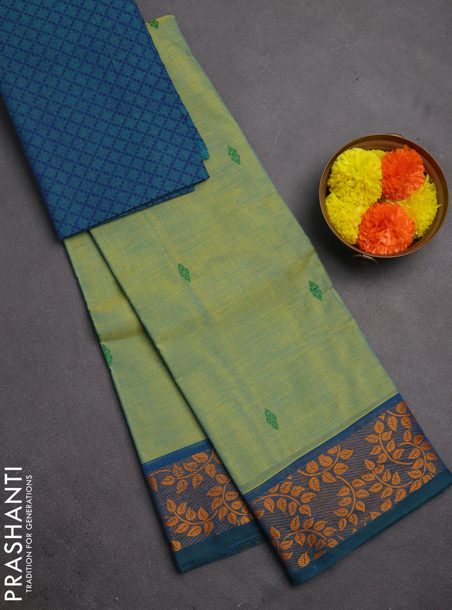 Chettinad cotton saree pista green and teal green with thread woven buttas and thread woven border