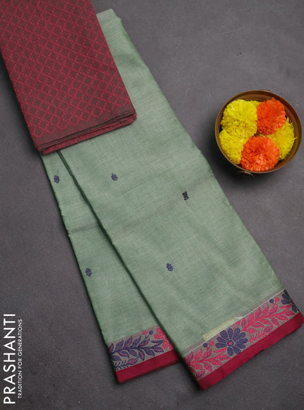 Chettinad cotton saree green shade and pink with thread woven buttas and thread woven border