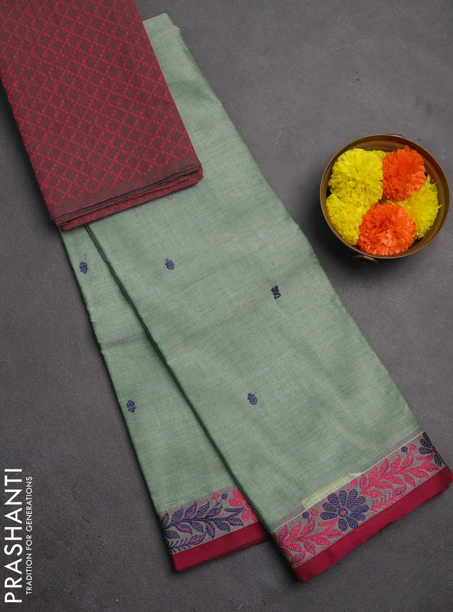 Chettinad cotton saree green shade and pink with thread woven buttas and thread woven border