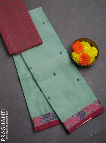 Chettinad cotton saree green shade and dark pink with thread woven buttas and thread woven border