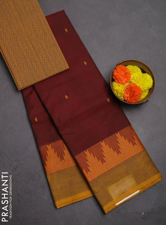 Chettinad cotton saree maroon and dark mustard with thread woven buttas and temple design thread woven simple border