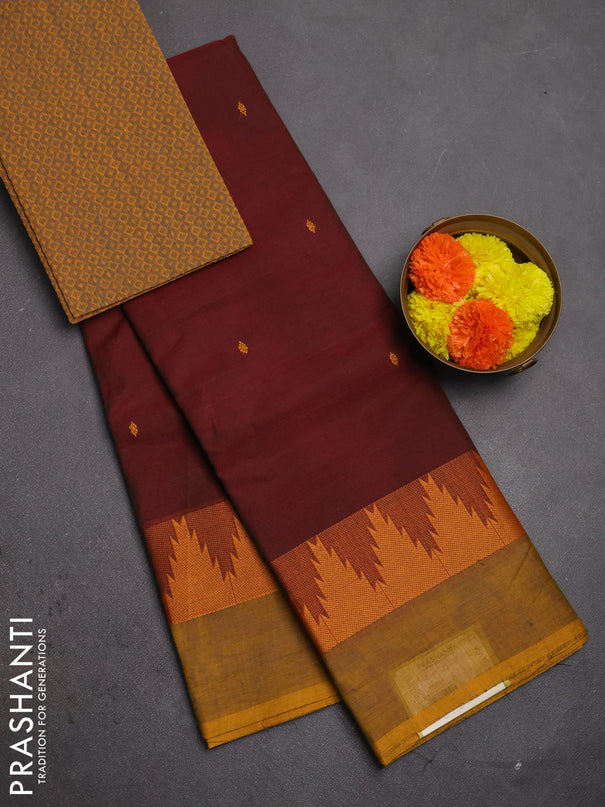 Chettinad cotton saree maroon and dark mustard with thread woven buttas and temple design thread woven simple border