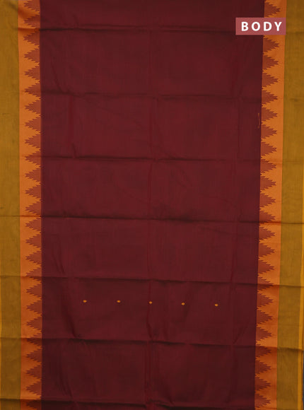 Chettinad cotton saree maroon and dark mustard with thread woven buttas and temple design thread woven simple border