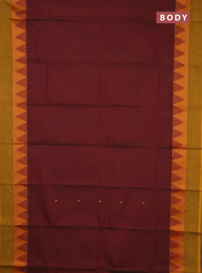 Chettinad cotton saree maroon and dark mustard with thread woven buttas and temple design thread woven simple border