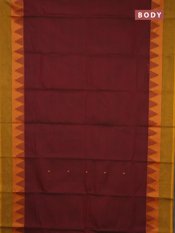 Chettinad cotton saree maroon and dark mustard with thread woven buttas and temple design thread woven simple border