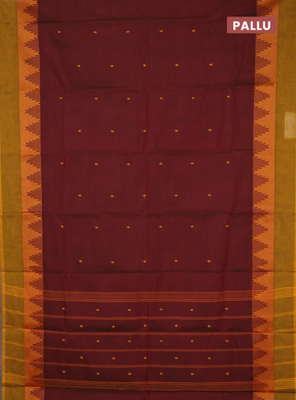 Chettinad cotton saree maroon and dark mustard with thread woven buttas and temple design thread woven simple border