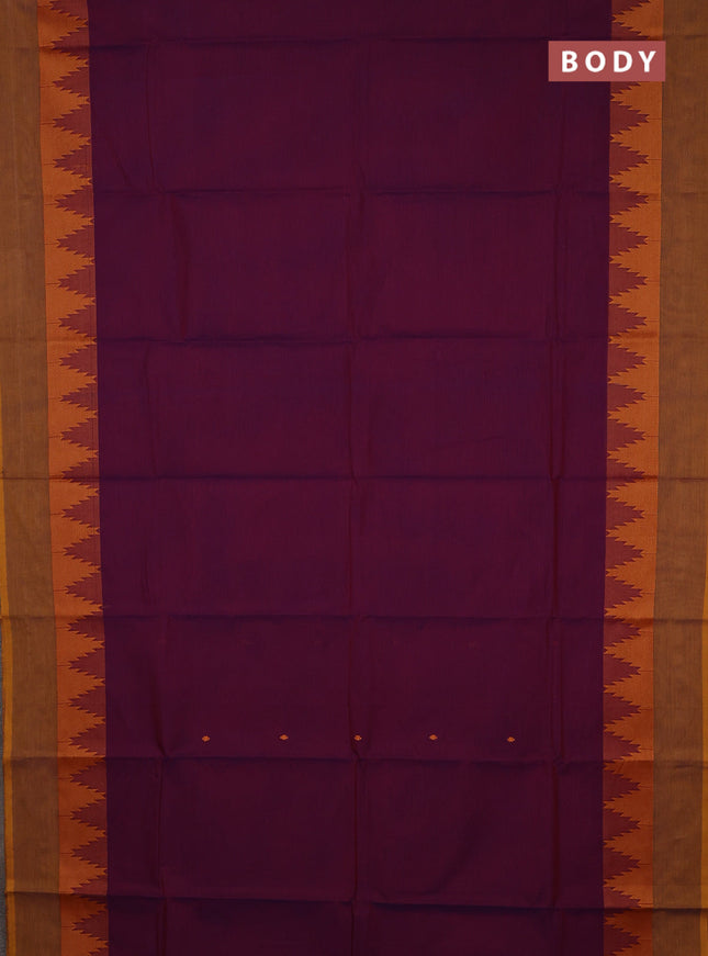Chettinad cotton saree purple and dark mustard with thread woven buttas and temple design thread woven simple border