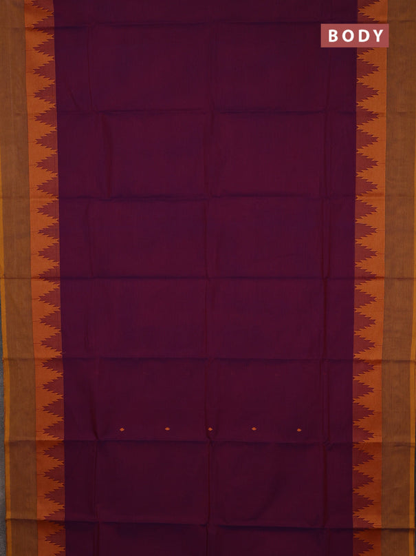 Chettinad cotton saree purple and dark mustard with thread woven buttas and temple design thread woven simple border