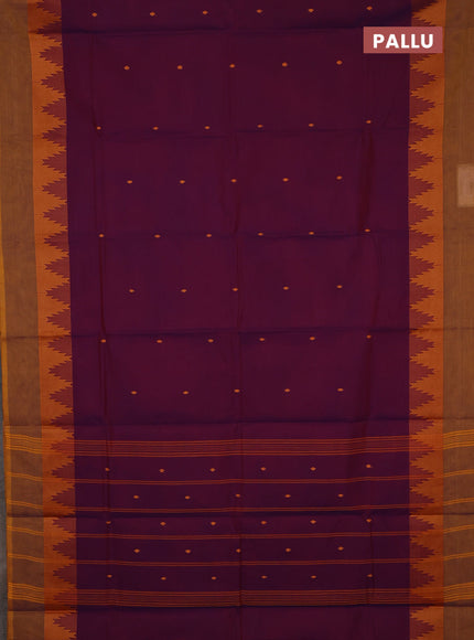 Chettinad cotton saree purple and dark mustard with thread woven buttas and temple design thread woven simple border