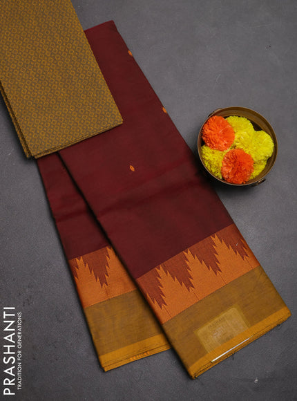 Chettinad cotton saree maroon and dark mustard with thread woven buttas and temple design thread woven simple border