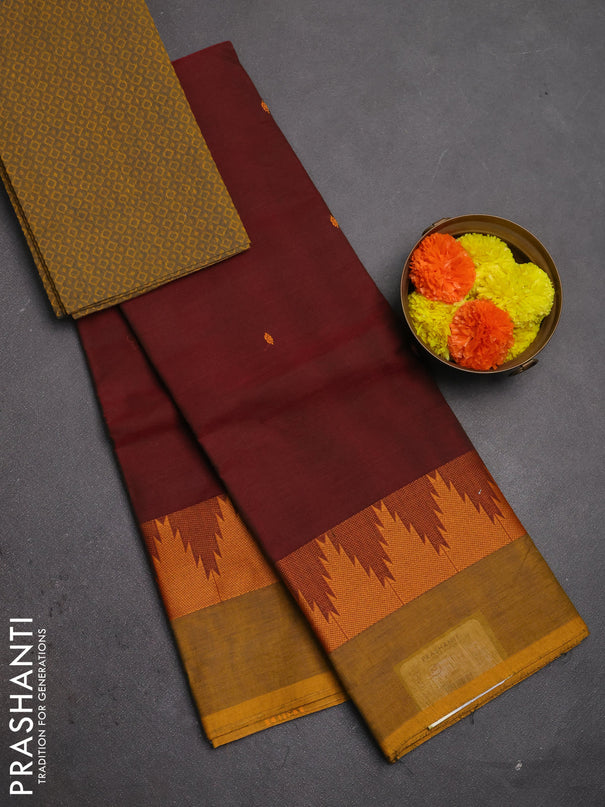 Chettinad cotton saree maroon and dark mustard with thread woven buttas and temple design thread woven simple border
