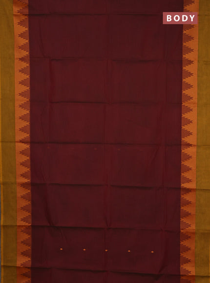 Chettinad cotton saree maroon and dark mustard with thread woven buttas and temple design thread woven simple border