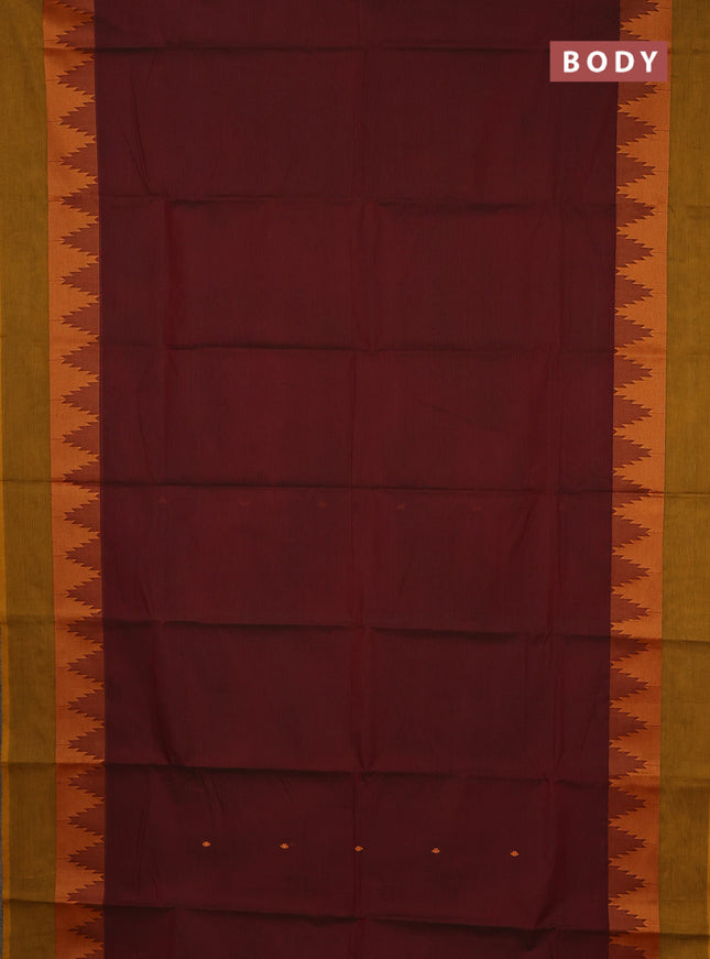 Chettinad cotton saree maroon and dark mustard with thread woven buttas and temple design thread woven simple border