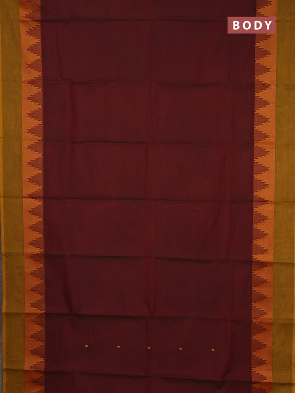 Chettinad cotton saree maroon and dark mustard with thread woven buttas and temple design thread woven simple border