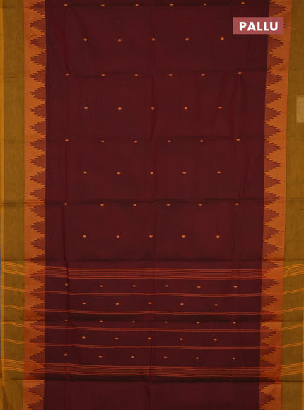 Chettinad cotton saree maroon and dark mustard with thread woven buttas and temple design thread woven simple border
