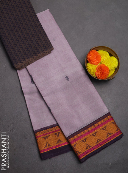 Chettinad cotton saree pastel lavender and jamun shade with thread woven buttas and rudhraksha thread woven border