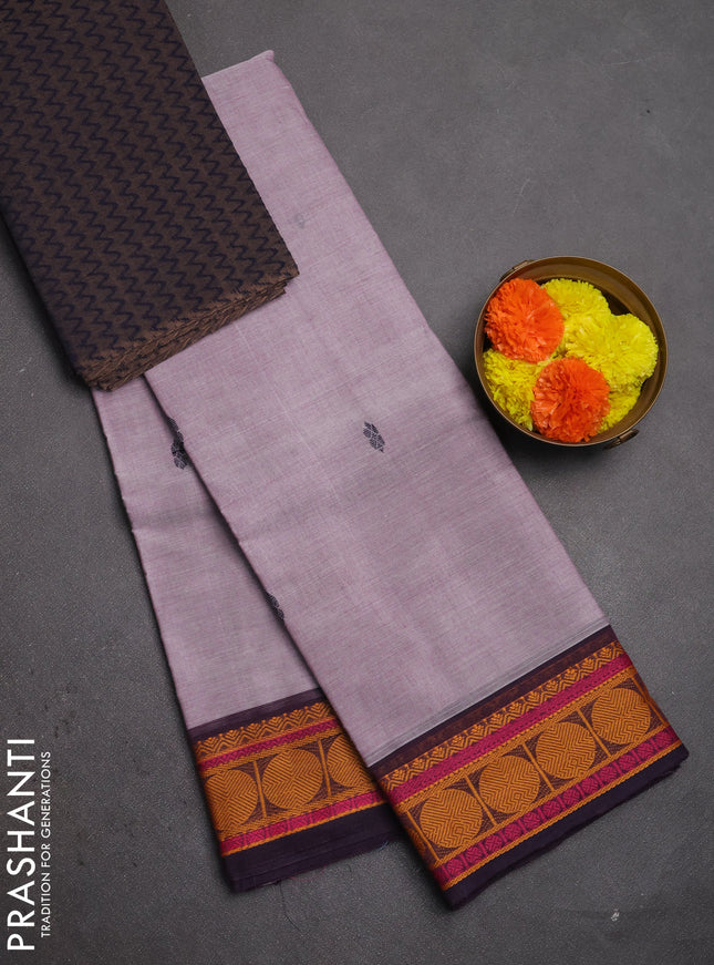 Chettinad cotton saree pastel lavender and jamun shade with thread woven buttas and rudhraksha thread woven border