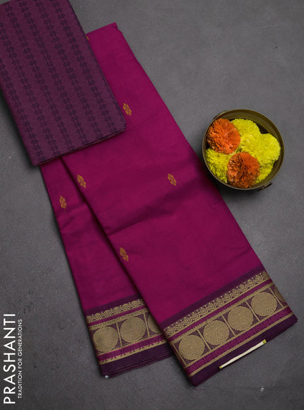 Chettinad cotton saree pink and wine shade with thread woven buttas and rudhraksha thread woven border