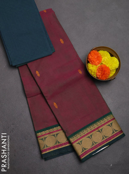 Chettinad cotton saree dual shade of greenish pink and bottle green with thread woven buttas and rudhraksha thread woven border