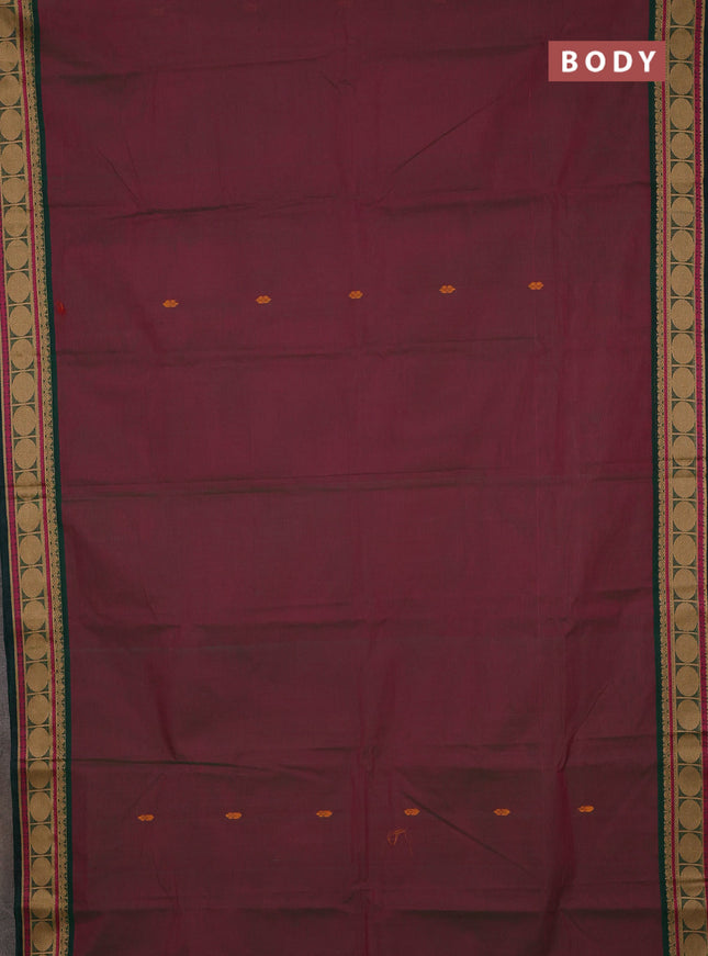 Chettinad cotton saree dual shade of greenish pink and bottle green with thread woven buttas and rudhraksha thread woven border