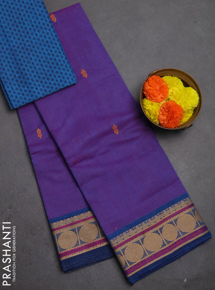 Chettinad cotton saree dual shade of purple and cs blue with thread woven buttas and rudhraksha thread woven border