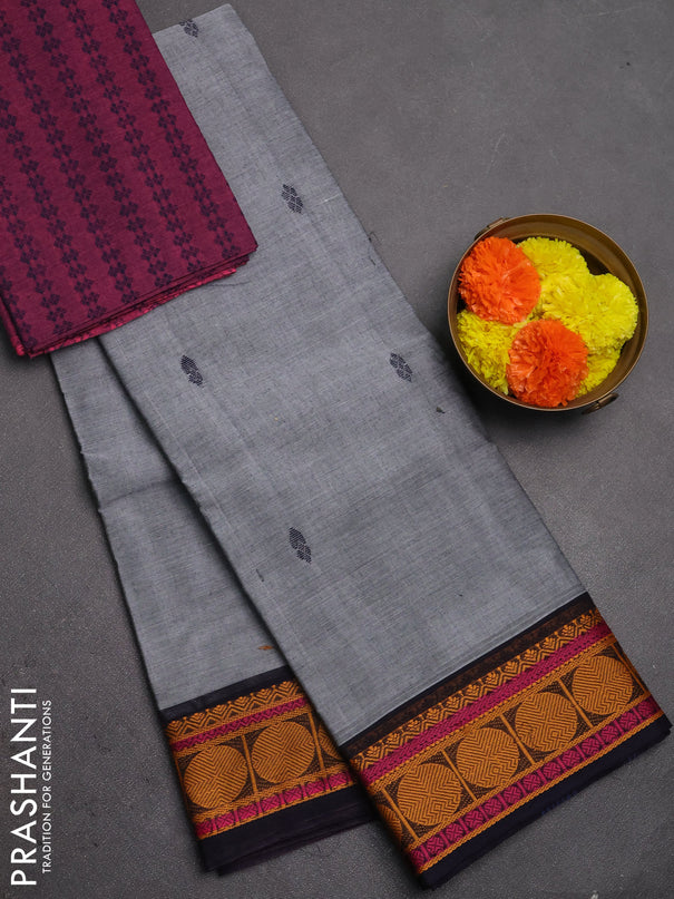 Chettinad cotton saree grey and navy blue wine shade with thread woven buttas and rudhraksha thread woven border