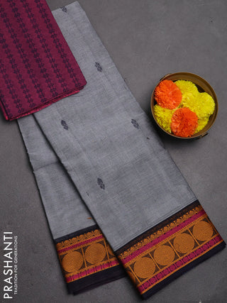 Chettinad cotton saree grey and navy blue wine shade with thread woven buttas and rudhraksha thread woven border