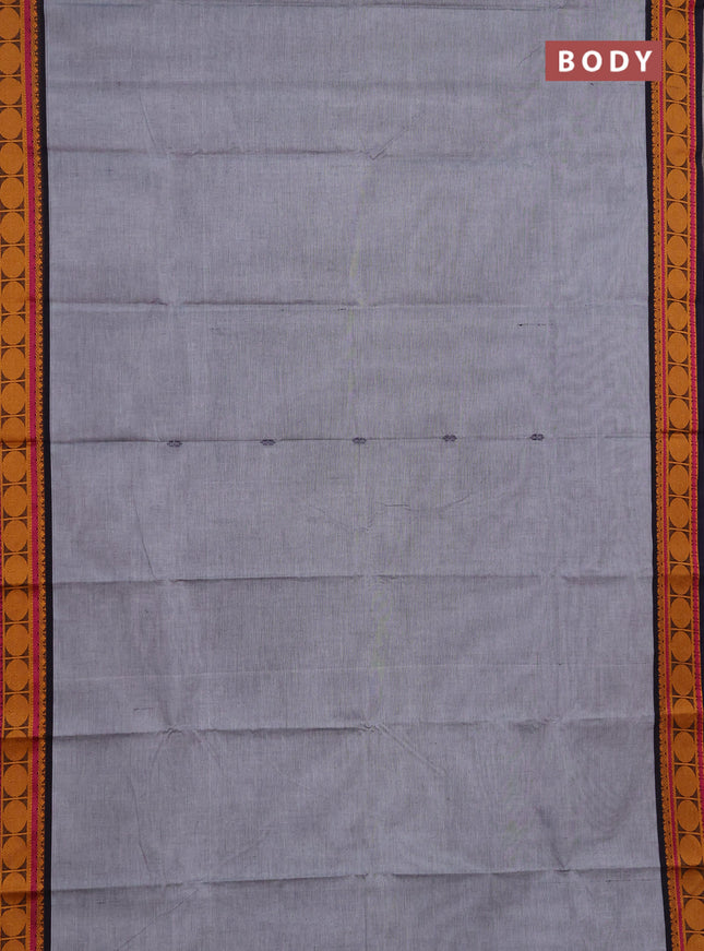 Chettinad cotton saree grey and navy blue wine shade with thread woven buttas and rudhraksha thread woven border