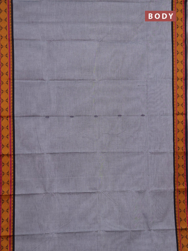 Chettinad cotton saree grey and navy blue wine shade with thread woven buttas and rudhraksha thread woven border
