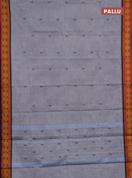 Chettinad cotton saree grey and navy blue wine shade with thread woven buttas and rudhraksha thread woven border