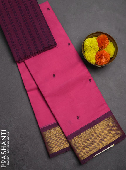 Chettinad cotton saree light pink and wine shade with thread woven buttas and zari woven border