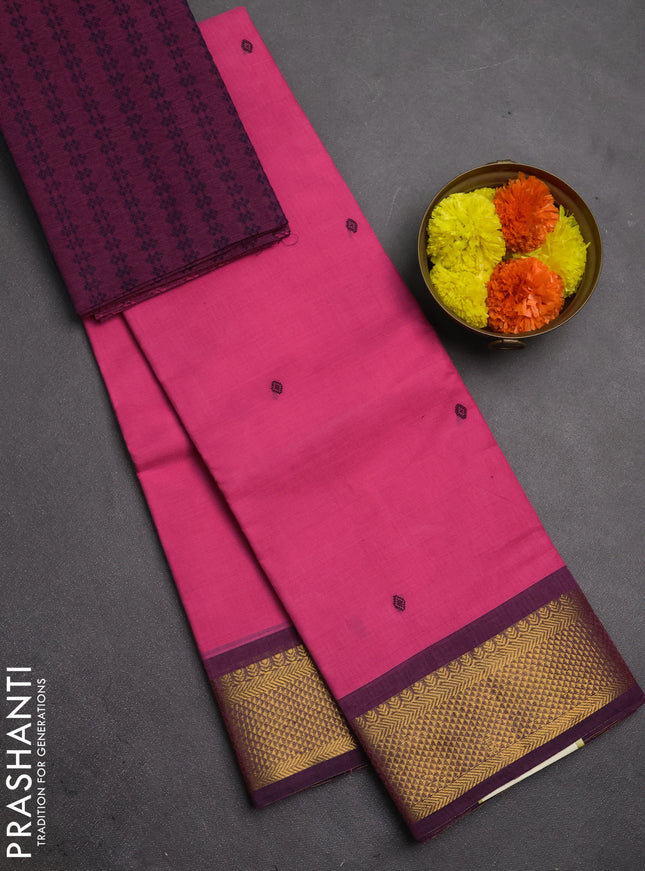 Chettinad cotton saree light pink and wine shade with thread woven buttas and zari woven border