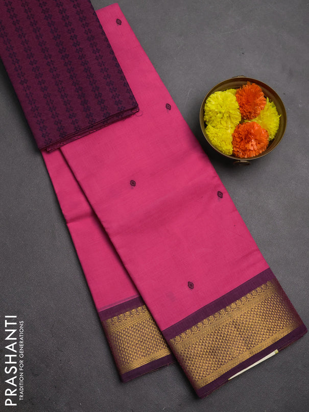Chettinad cotton saree light pink and wine shade with thread woven buttas and zari woven border