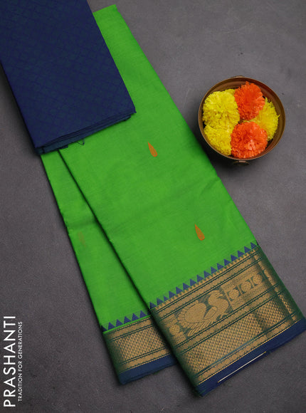 Chettinad cotton saree parrot green and blue with thread woven buttas and zari woven border