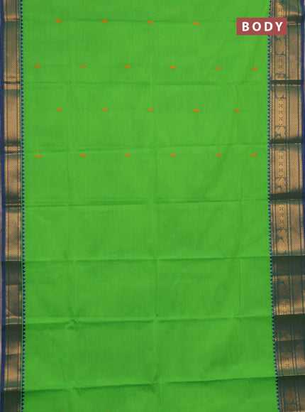 Chettinad cotton saree parrot green and blue with thread woven buttas and zari woven border