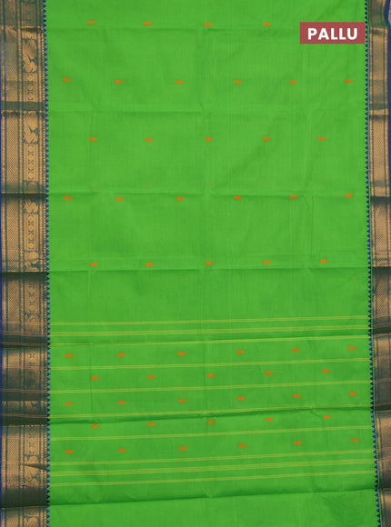 Chettinad cotton saree parrot green and blue with thread woven buttas and zari woven border