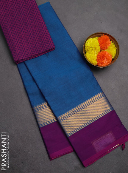 Chettinad cotton saree cs blue and purple with plain body and zari woven simple border