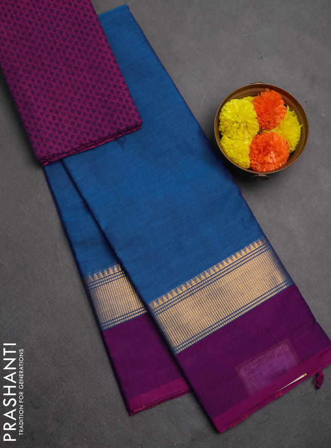 Chettinad cotton saree cs blue and purple with plain body and zari woven simple border