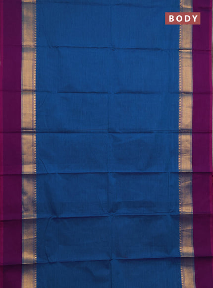 Chettinad cotton saree cs blue and purple with plain body and zari woven simple border