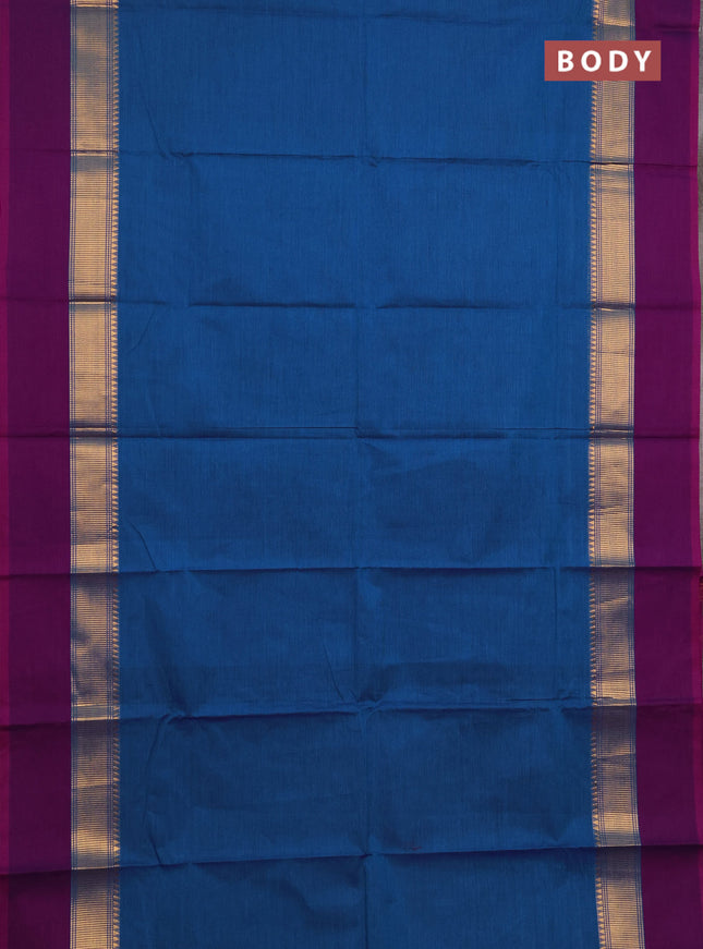 Chettinad cotton saree cs blue and purple with plain body and zari woven simple border