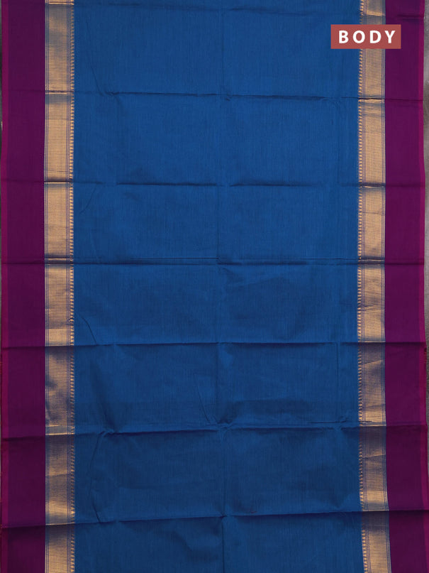Chettinad cotton saree cs blue and purple with plain body and zari woven simple border