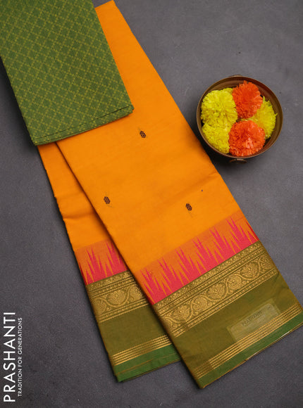 Chettinad cotton saree yellow and green with thread woven buttas and temple rettapet zari woven border
