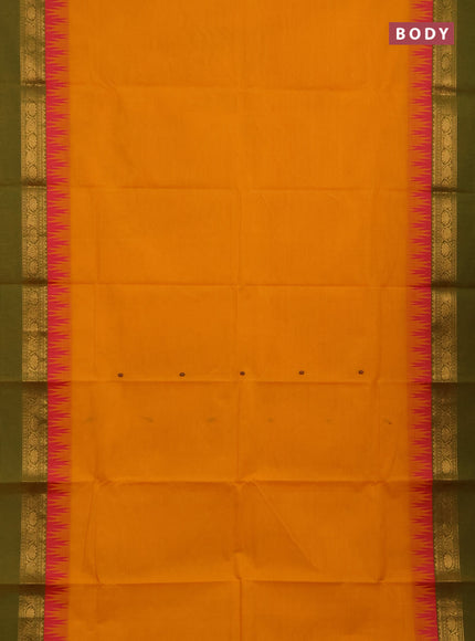 Chettinad cotton saree yellow and green with thread woven buttas and temple rettapet zari woven border