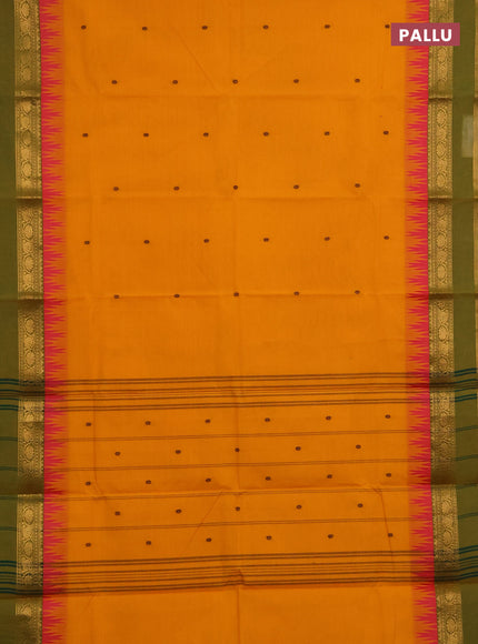 Chettinad cotton saree yellow and green with thread woven buttas and temple rettapet zari woven border